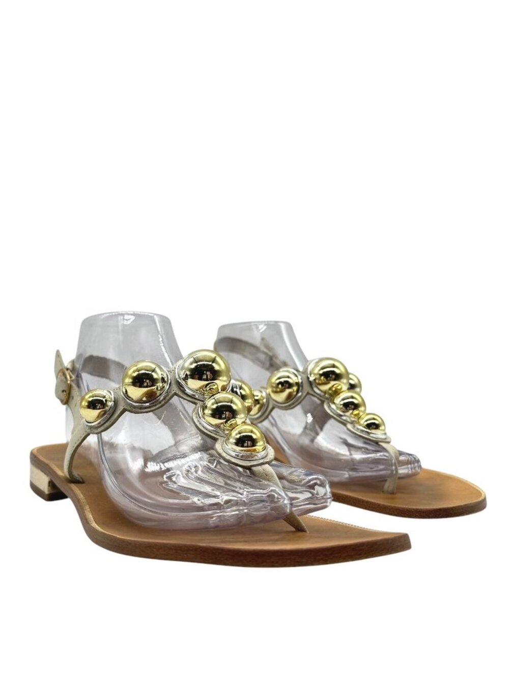 Trina Turk Gold Ball Embellished Thong Sandal 9 Leather Slingback Made in Brazil